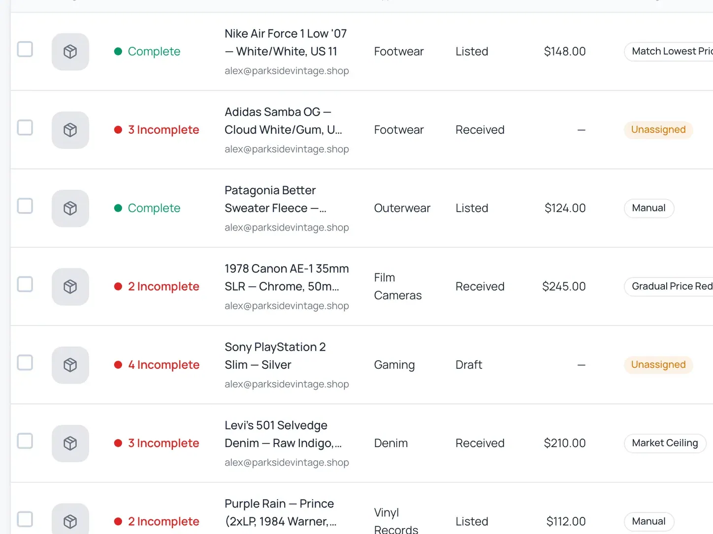 Instica inventory list showing items with incomplete sync status highlighted