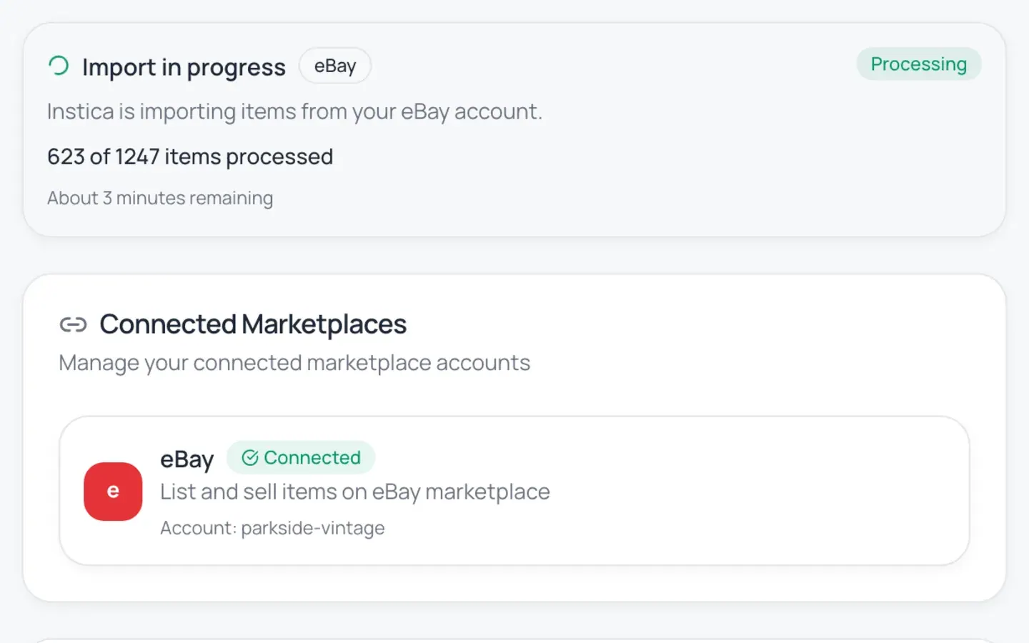 Instica import wizard mid-state showing catalog items being matched and queued