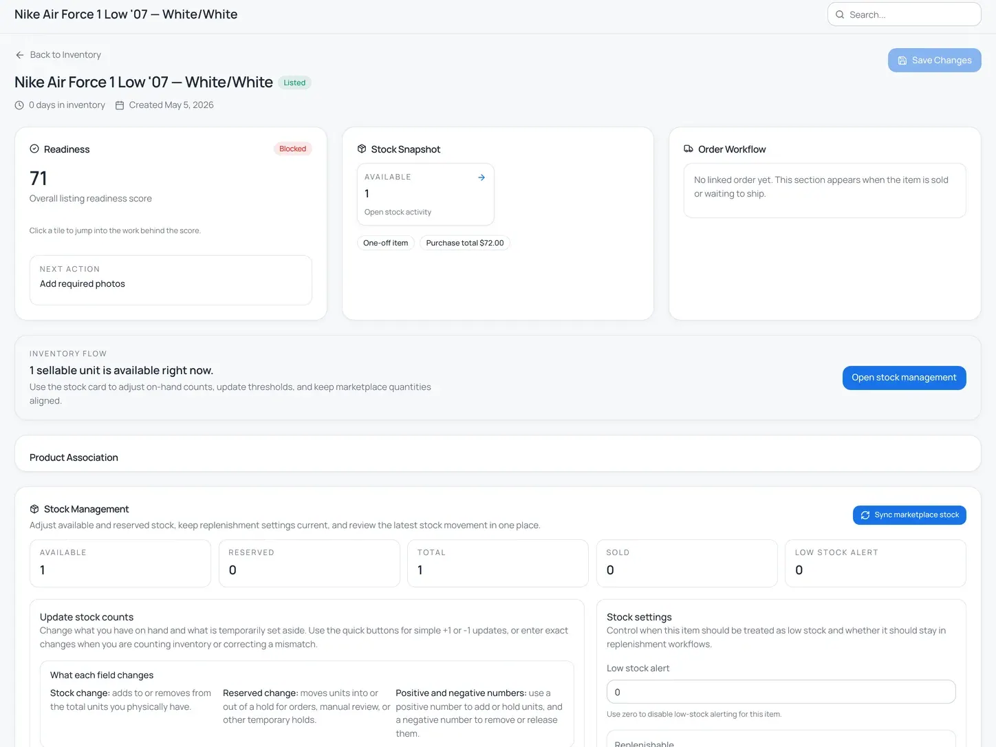 Instica item detail dashboard showing readiness score 71, Blocked status, Stock Snapshot, and next required action