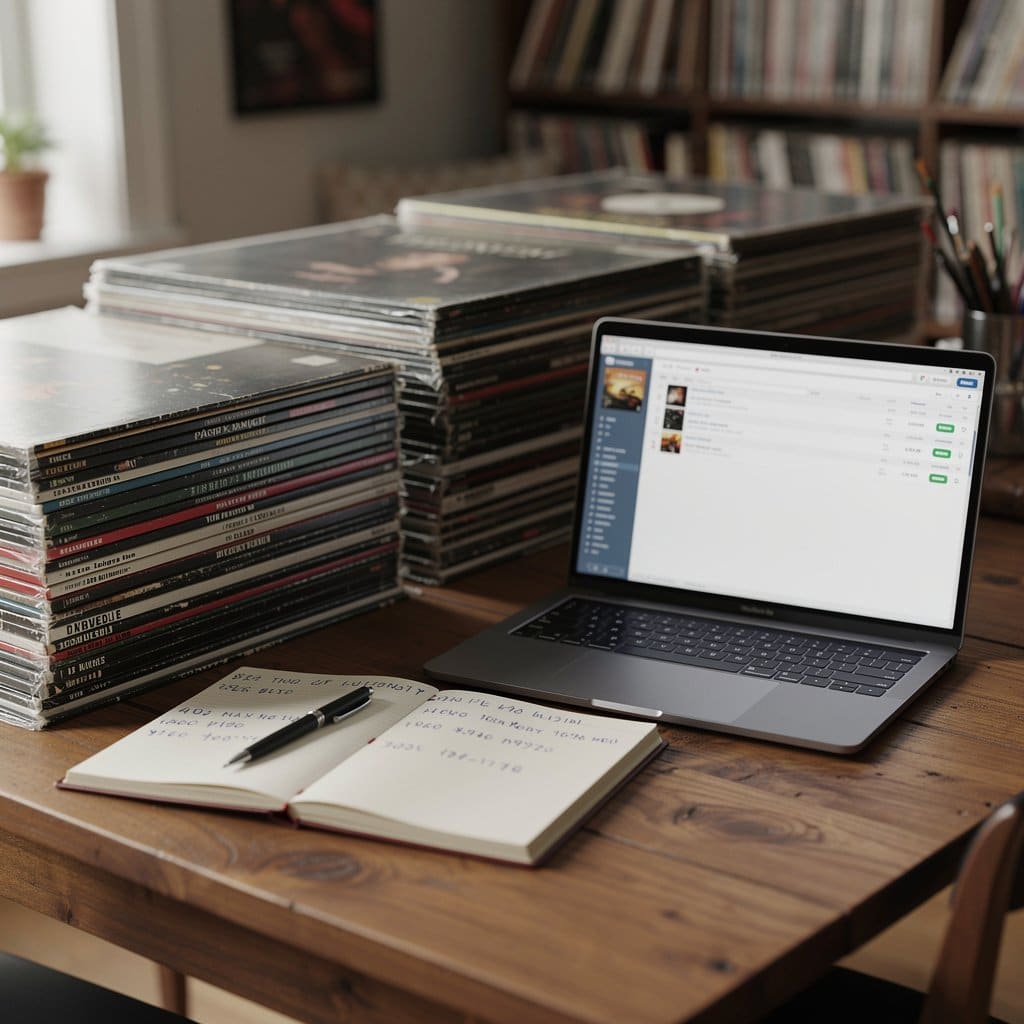 A large table with stacks of vinyl records sorted by genre, with a laptop open to the Discogs database and a notepad for catalog numbers