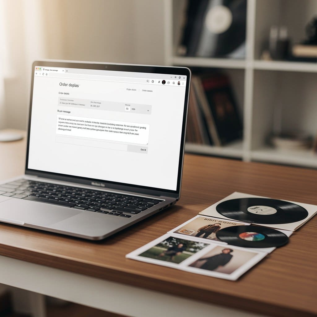 A laptop screen showing a Discogs order message with a buyer's grading concern, next to the original listing photos for comparison