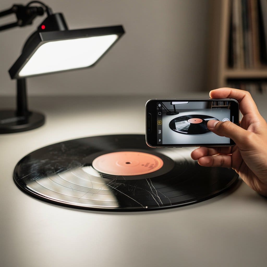A record seller's photography setup showing a record under angled lighting to reveal surface condition, with a phone capturing a macro detail shot