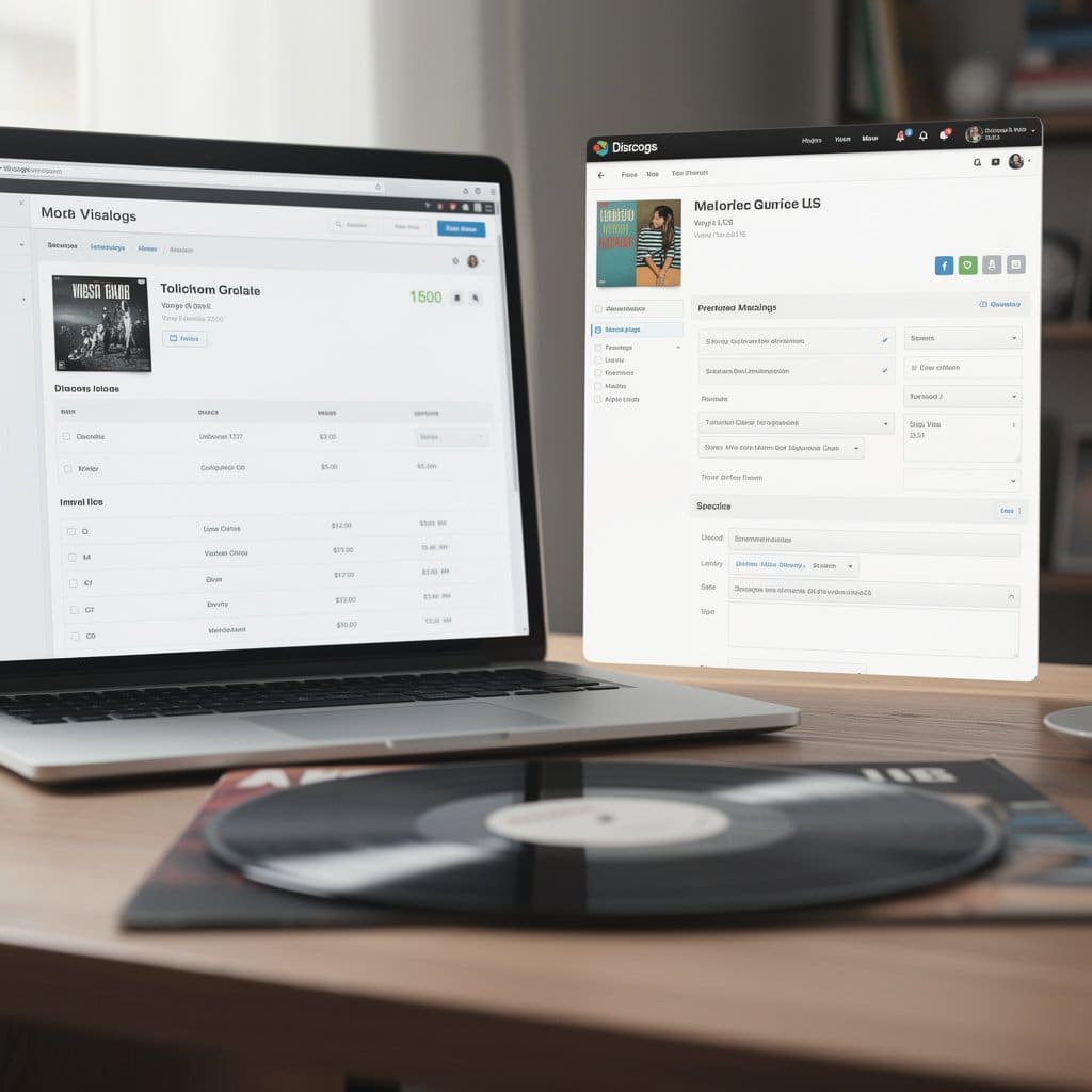 A split-screen comparison showing the same record listed on Discogs (left) with catalog-driven fields and on eBay (right) with item specifics