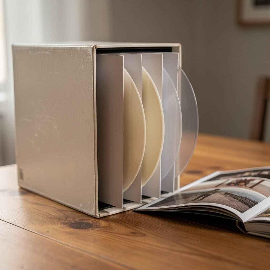 An open vinyl box set showing the outer slipcase, multiple records in inner sleeves, and a booklet, laid out on a table for inspection