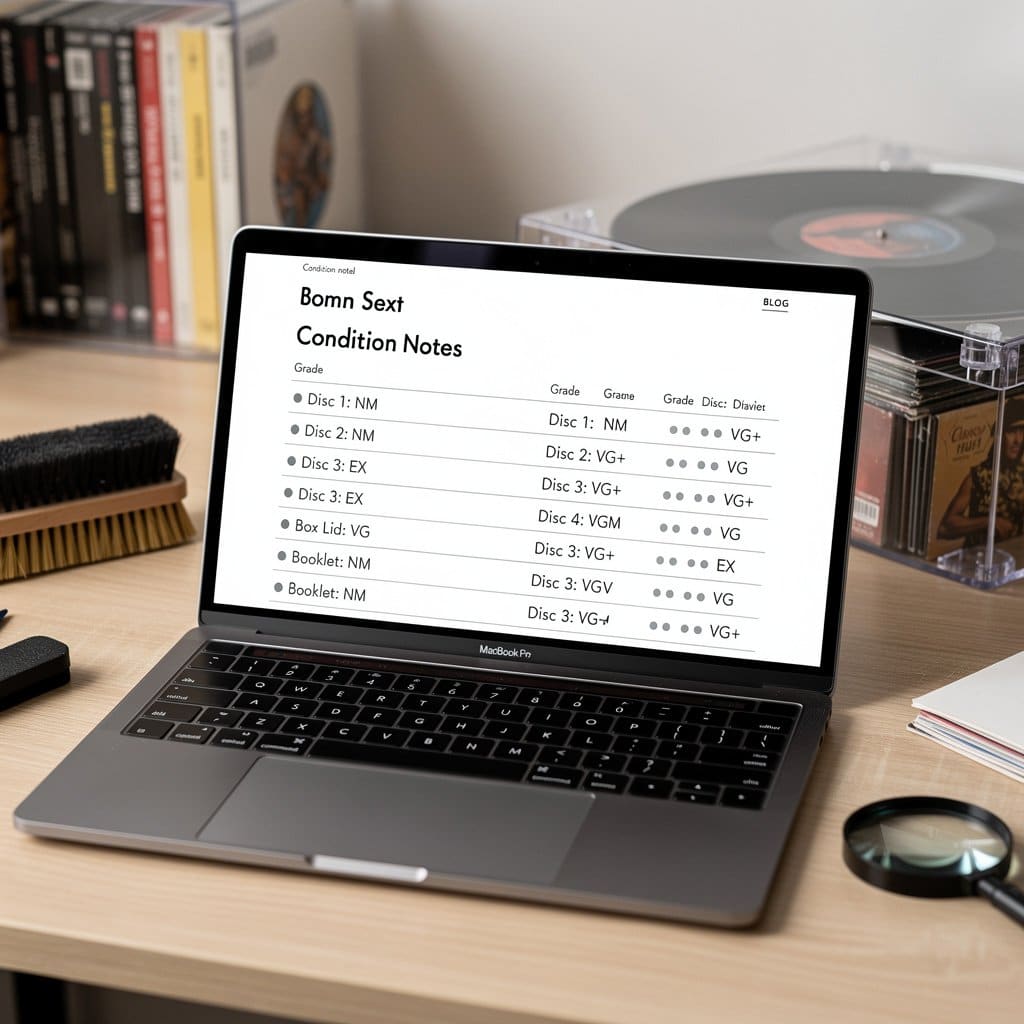 A detailed condition note for a box set displayed on a screen, showing individual grades for each disc and component