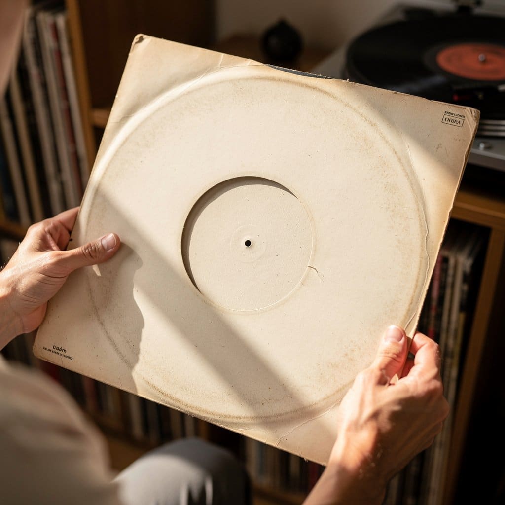 A record sleeve being examined under bright light, showing subtle ring wear that might be missed in casual inspection