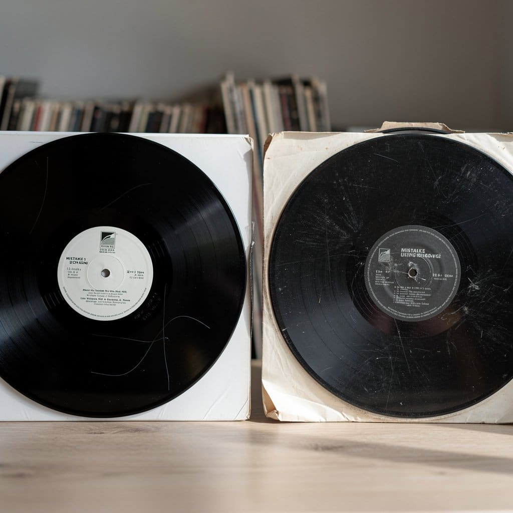 A side-by-side comparison of two VG+ records showing the wide range of condition that sellers group under the same grade