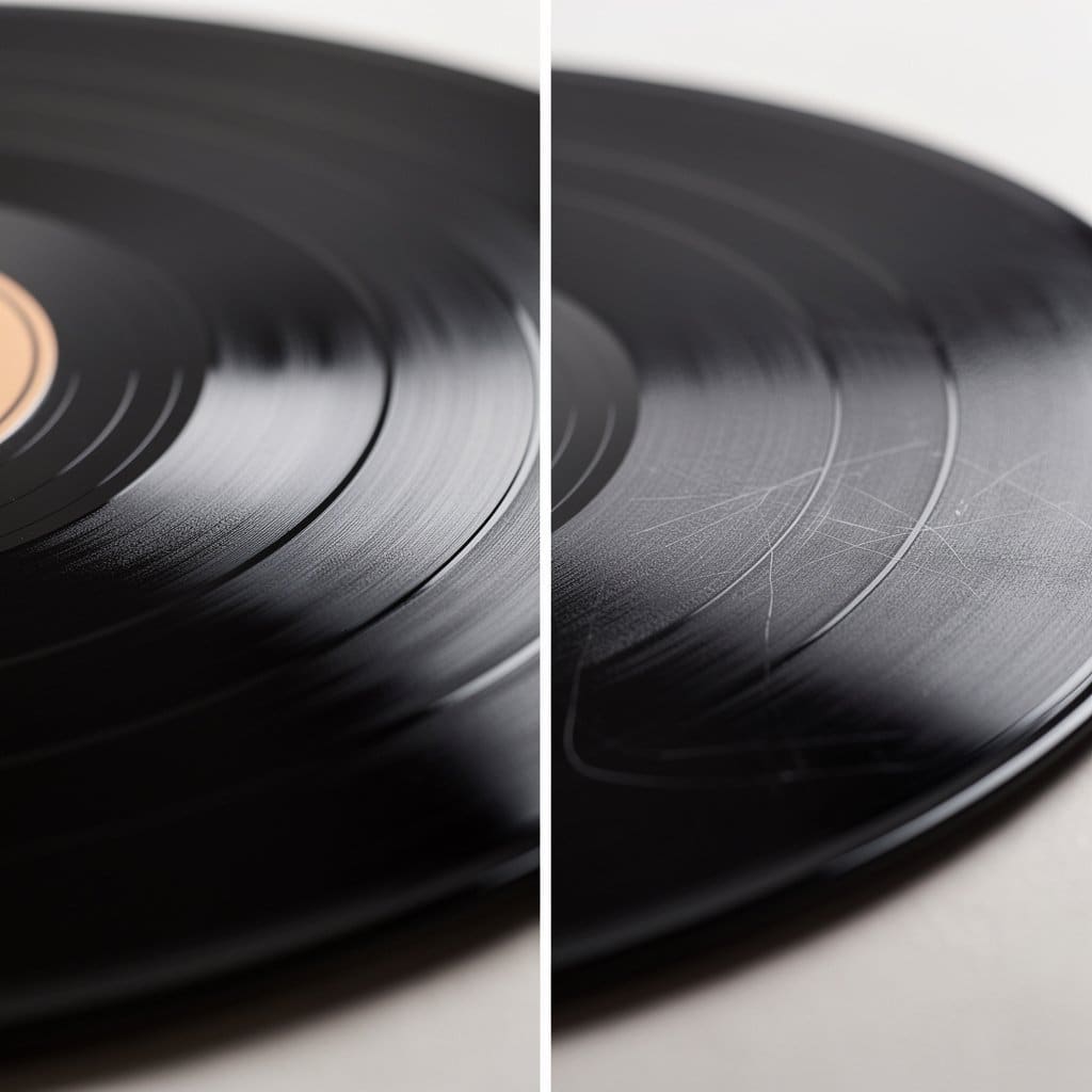 Close-up of a vinyl record surface under bright light showing the difference between a flawless surface and one with faint hairline marks