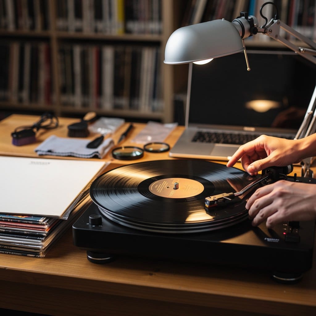 A record seller's workstation with a bright desk lamp angled over a turntable, used for inspecting vinyl condition