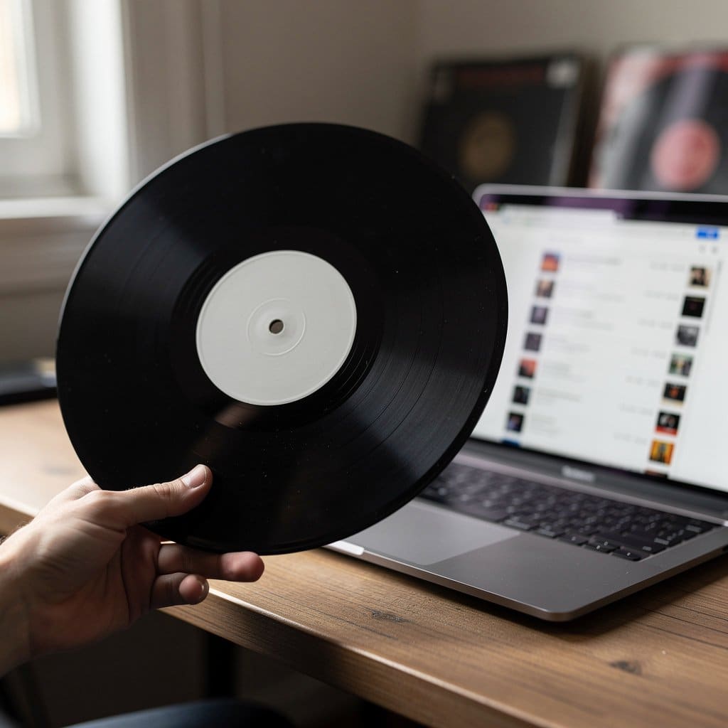 A hand holding an obscure vinyl record with a plain white label, with a laptop showing a Discogs search page in the background