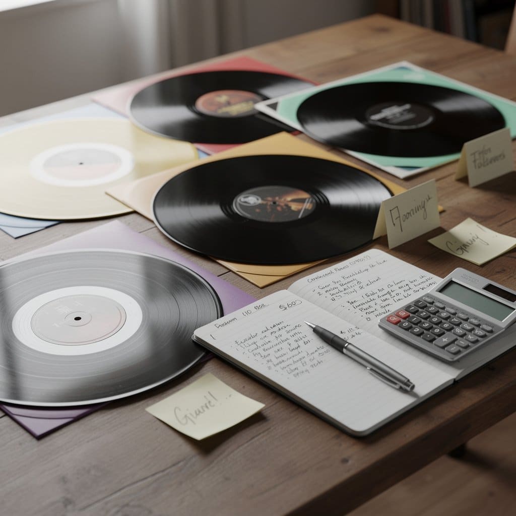Several rare vinyl records spread out on a table with a notepad showing handwritten price research notes