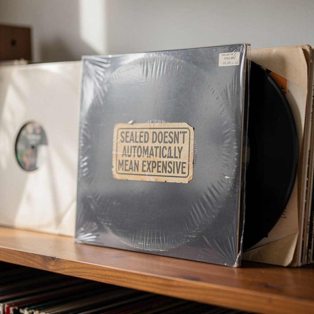 A sealed vinyl record in shrink wrap with a vintage price sticker, sitting on a wooden shelf next to opened records