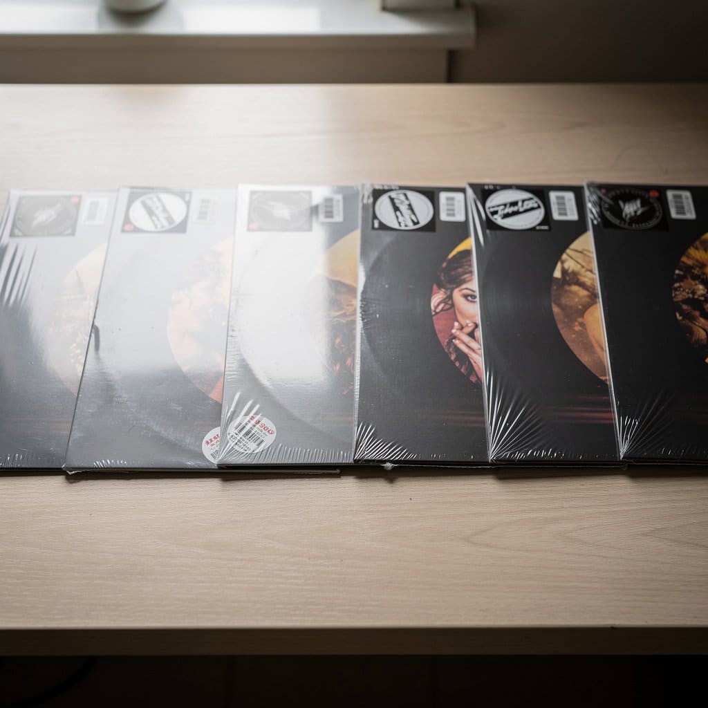 Eight copies of the same sealed vinyl record laid out side by side on a table, with subtle differences visible in shrink wrap condition and sticker placement