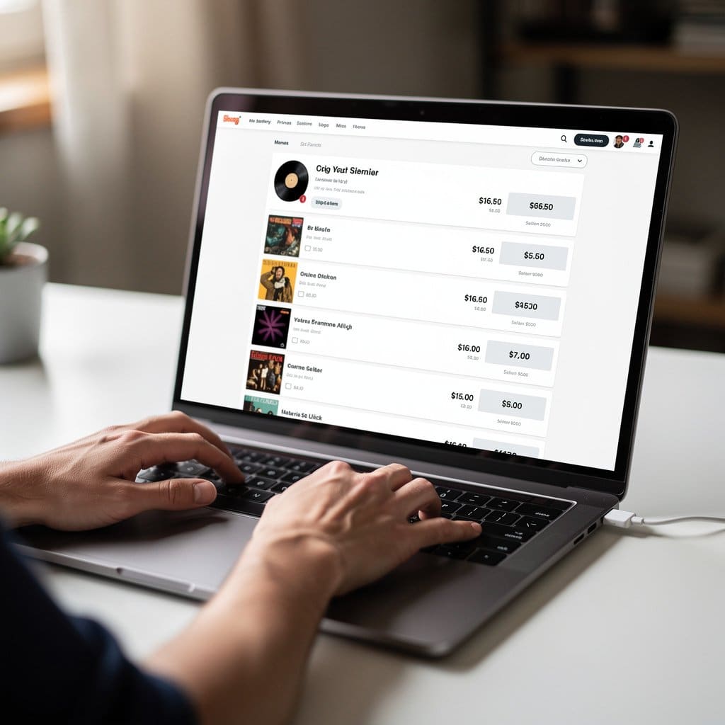 A laptop screen showing a Discogs marketplace listing with multiple sellers at different price points for the same record