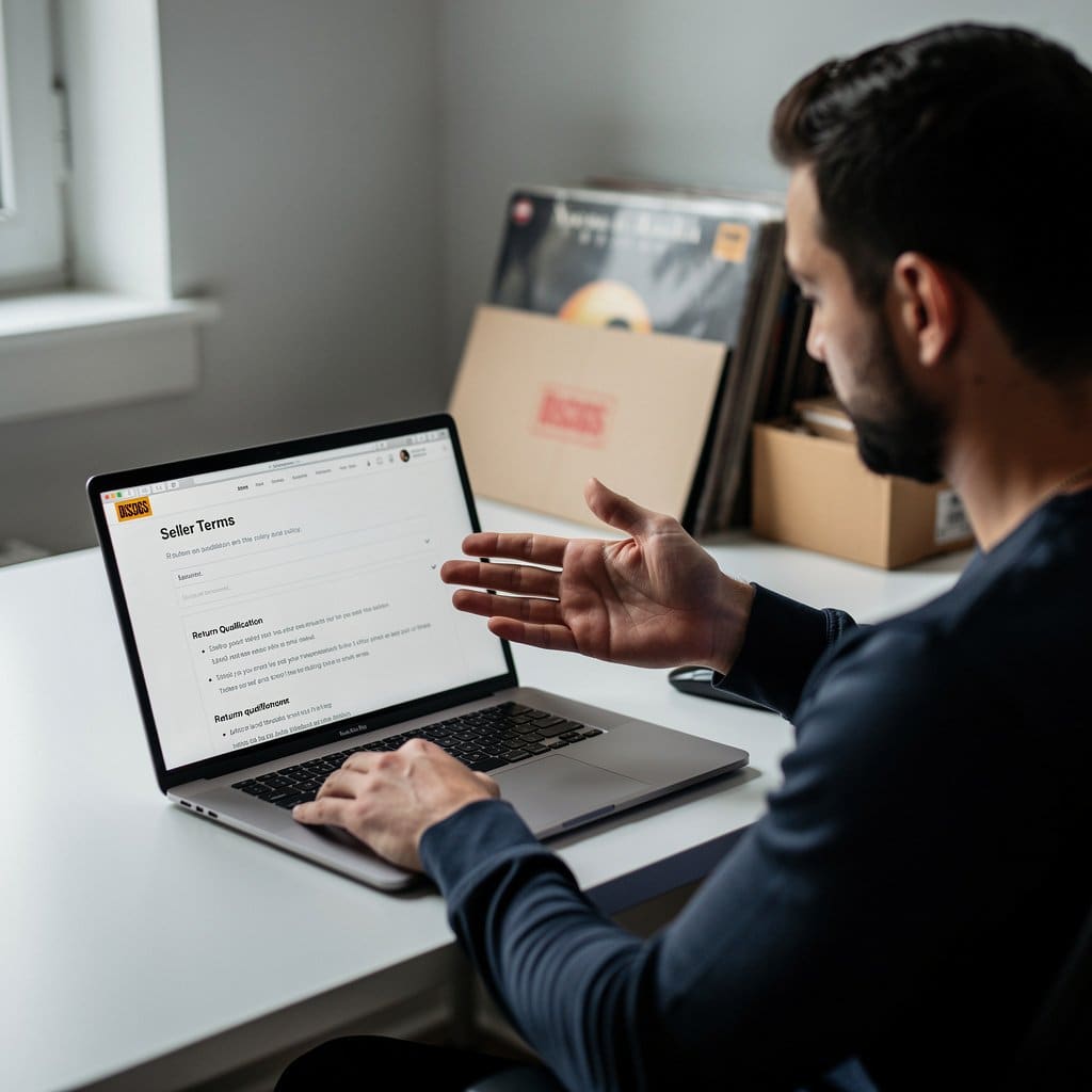 A seller's return policy displayed in their Discogs shop terms, with key points highlighted about return qualification and timeframes