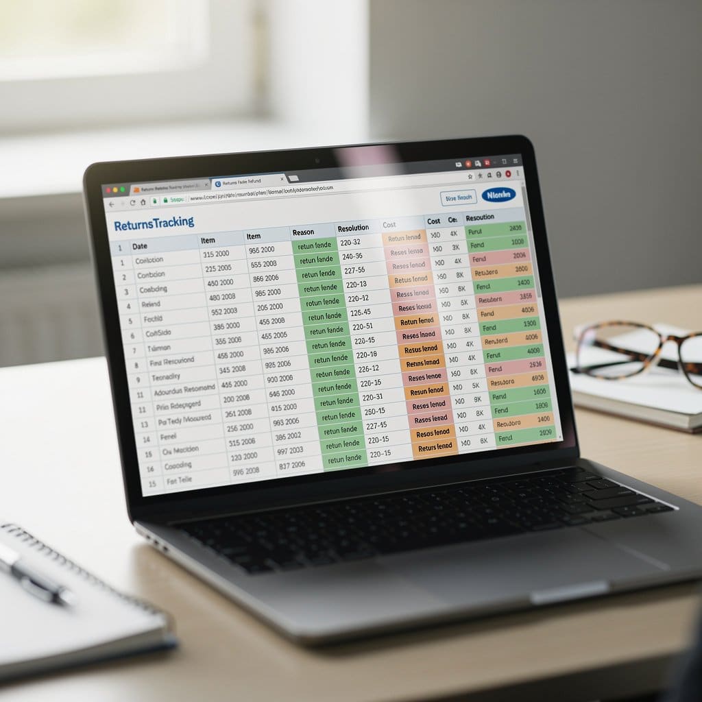 A spreadsheet tracking returns with columns for date, item, reason, resolution, and cost, showing patterns in dispute types