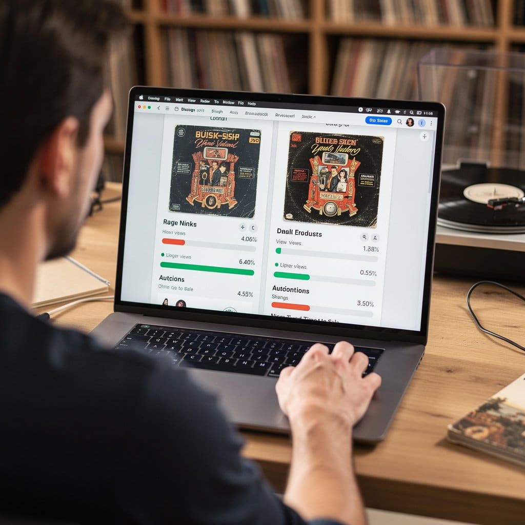 A comparison showing the same rare record listed on both Discogs and eBay with different view counts and time-to-sale metrics