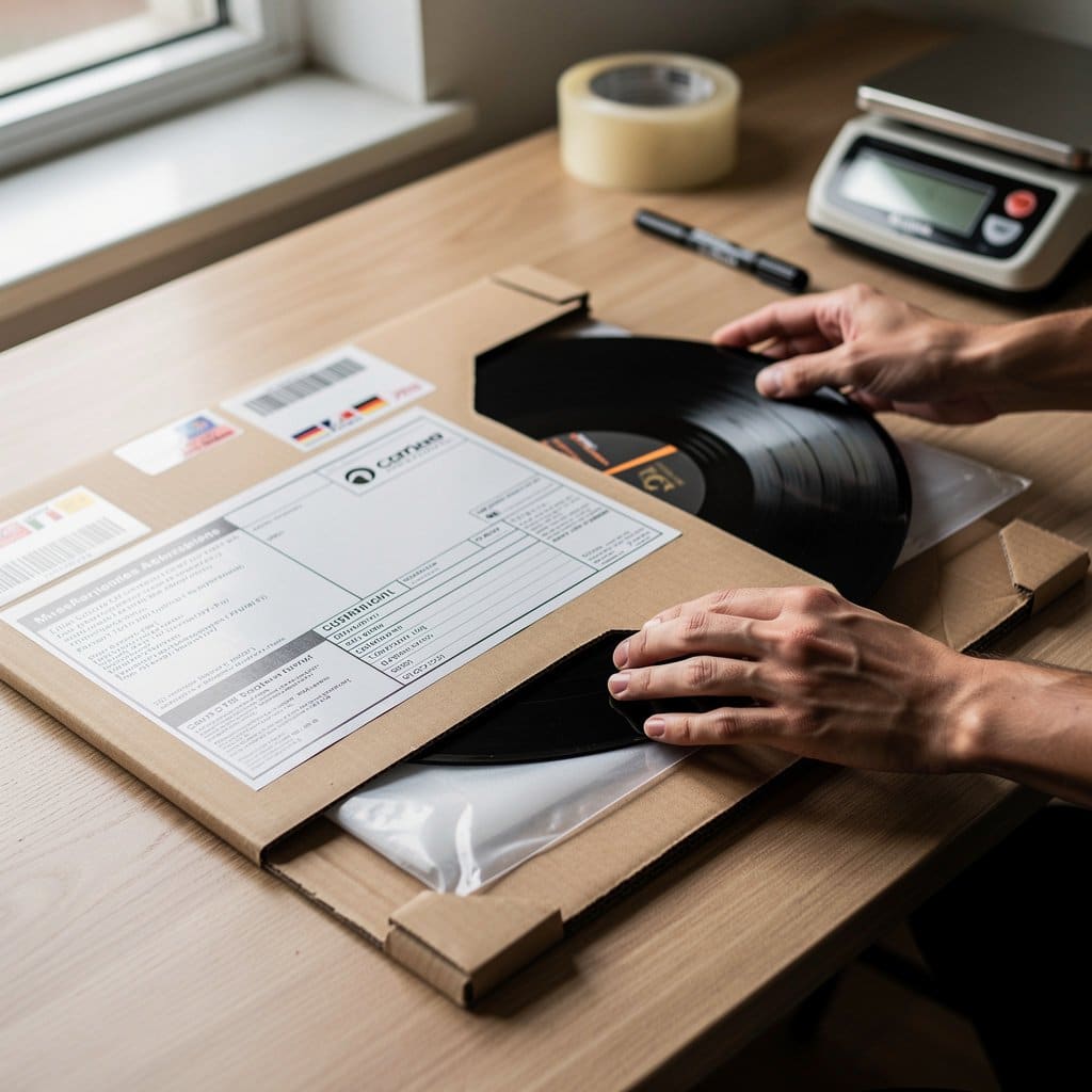 Two vinyl records being packaged together in a reinforced international mailer with customs forms and tracking labels visible