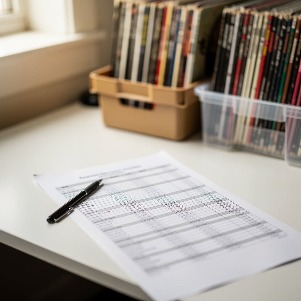 A printed spreadsheet of Discogs listings next to organized bins of vinyl records, with a pen for marking off items