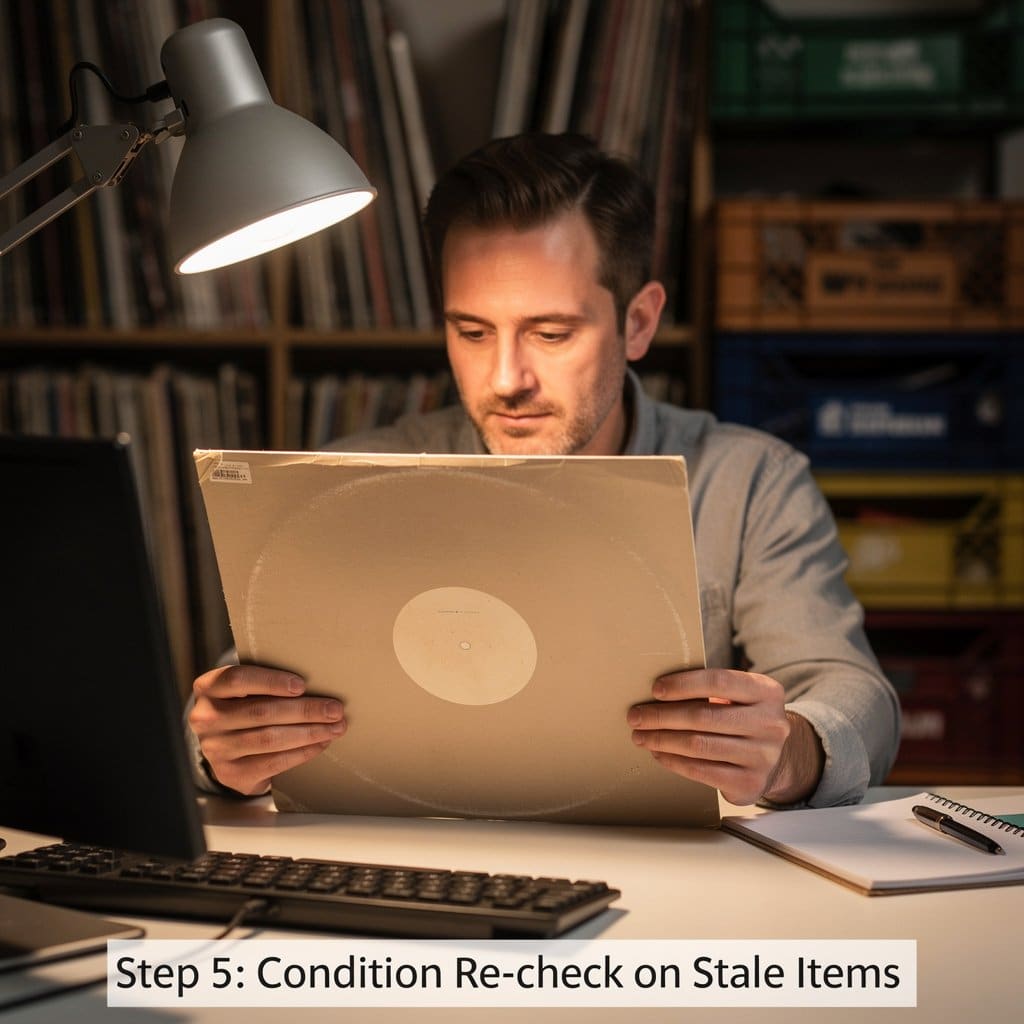 A record seller inspecting a vinyl record sleeve under a bright desk lamp, looking for signs of ring wear