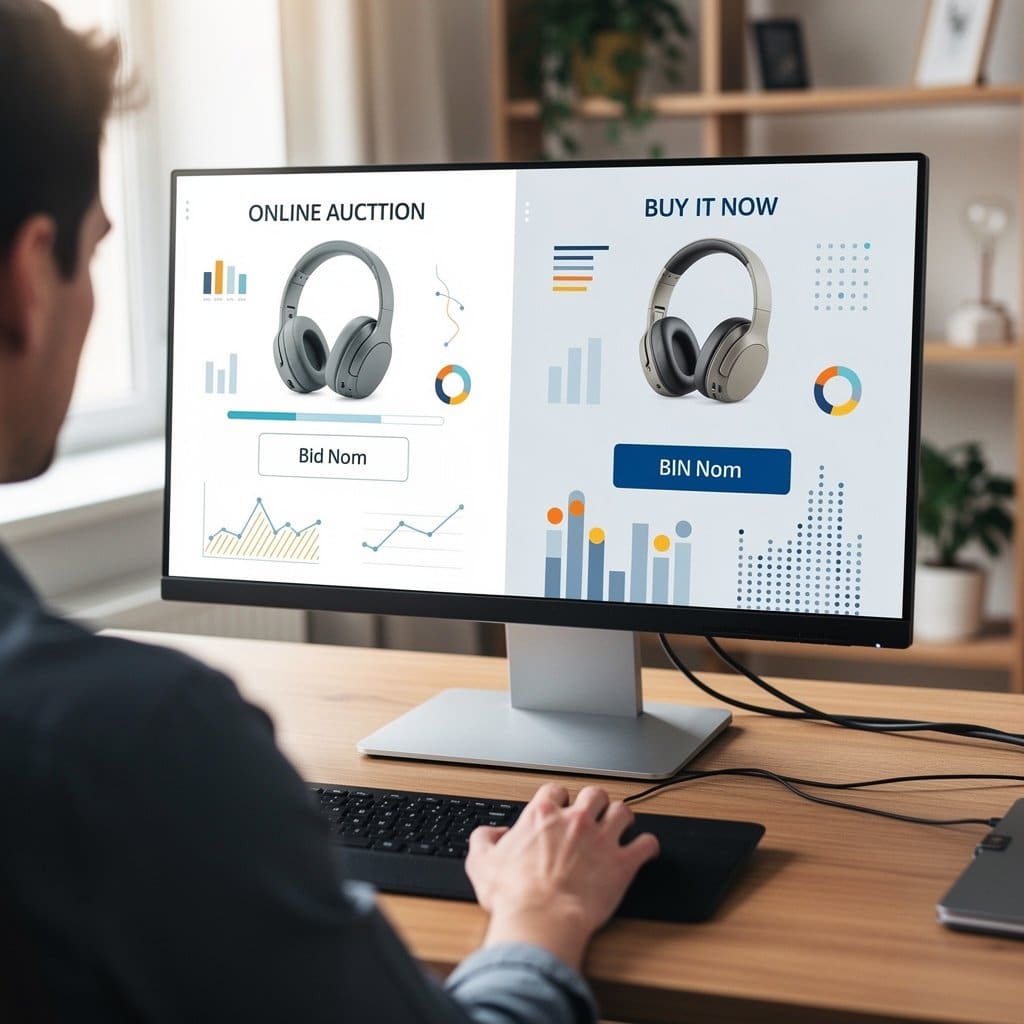A split-screen comparison showing the same item listed as auction (left) and Buy It Now (right) with engagement metrics for each