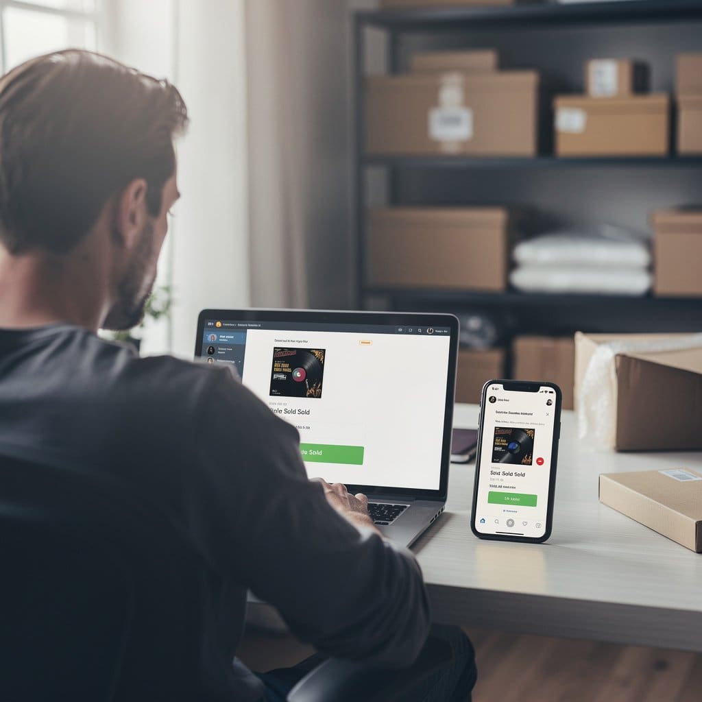 A seller looking at two notification screens showing the same item sold on eBay and Discogs simultaneously