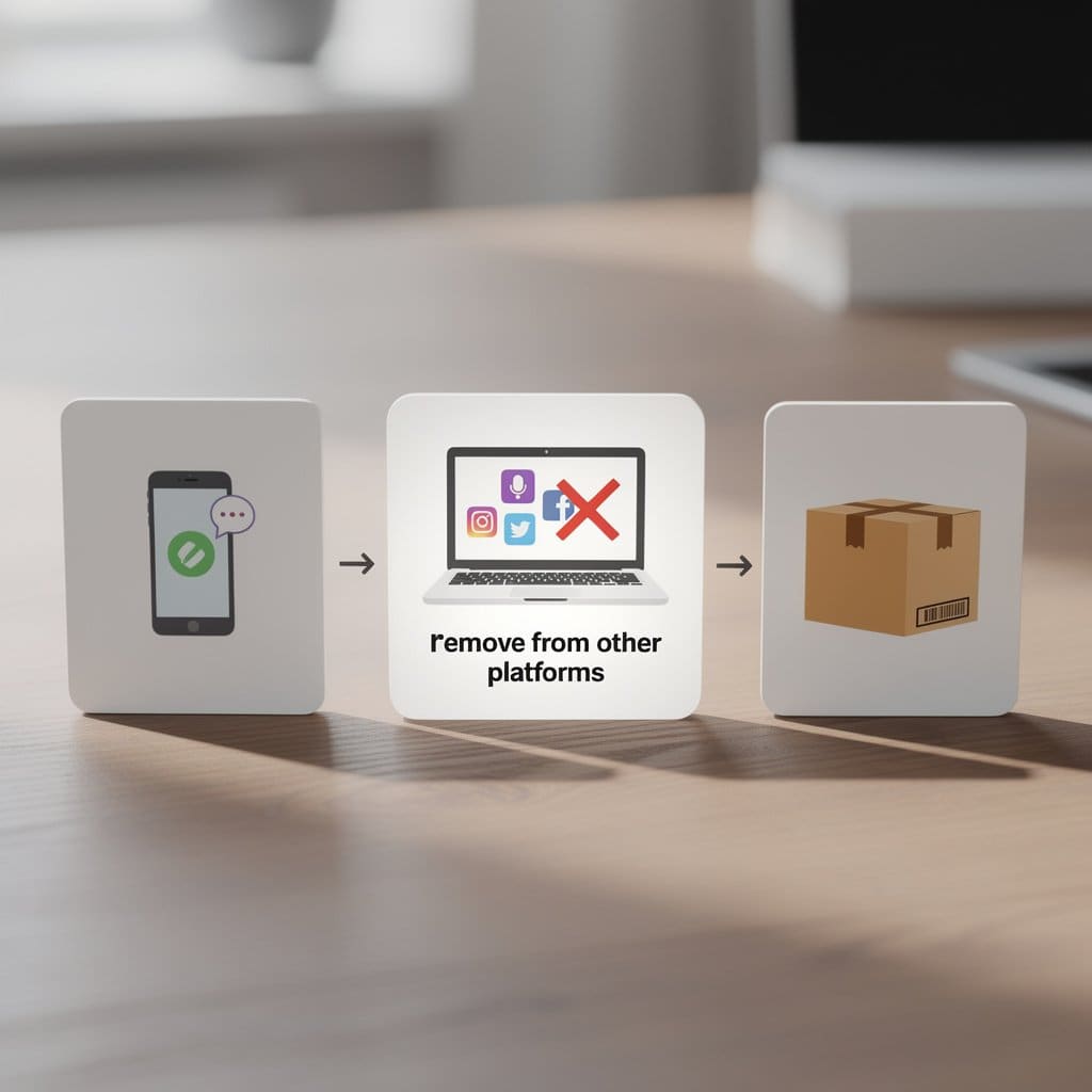 A simple workflow diagram showing: Sale notification → Remove from other platforms → Pack and ship, with the removal step highlighted as critical
