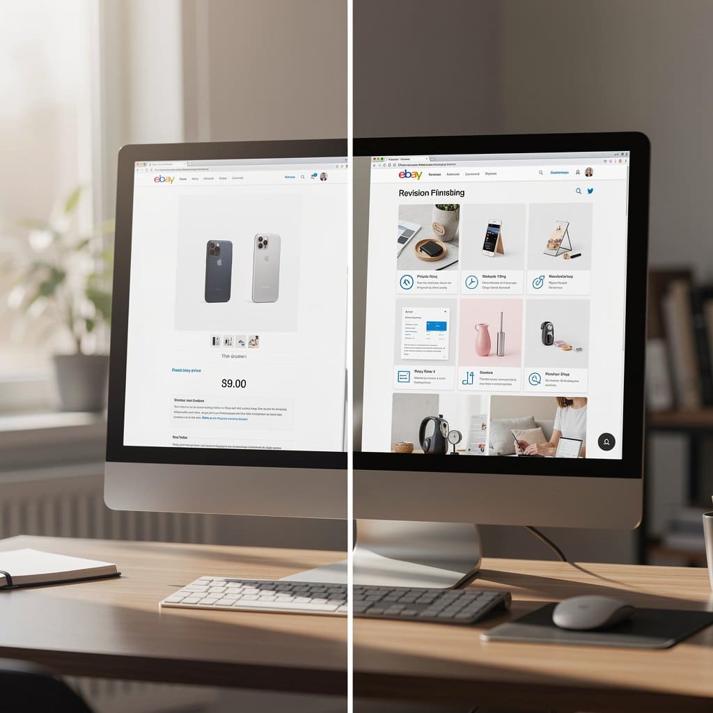 An before-and-after view of a revised listing: left side shows the original sparse listing with 2 photos, right side shows the revised listing with 8 photos, updated title, and lower price