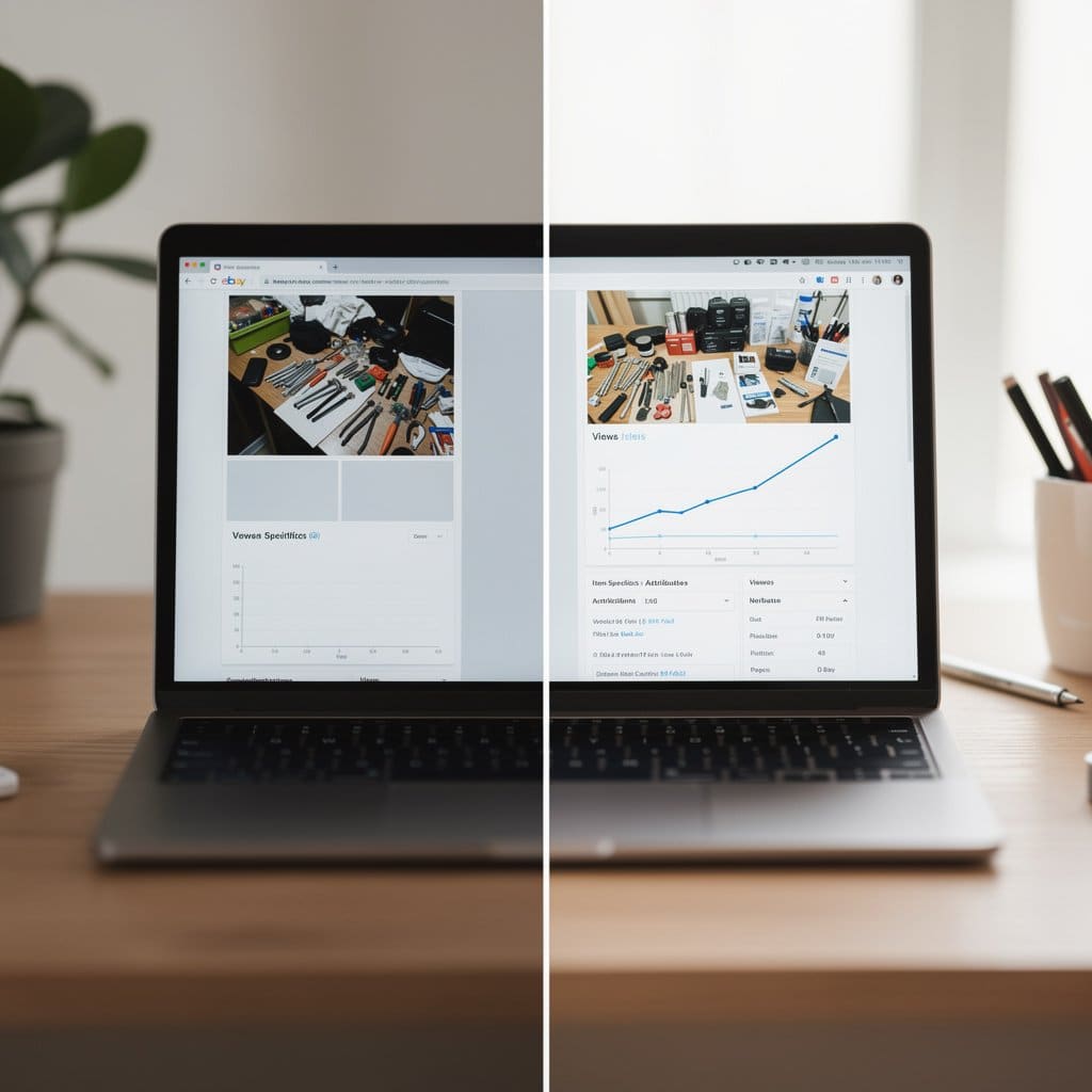 A before-and-after comparison of an eBay listing showing improved photos and completed item specifics alongside a recovering view count