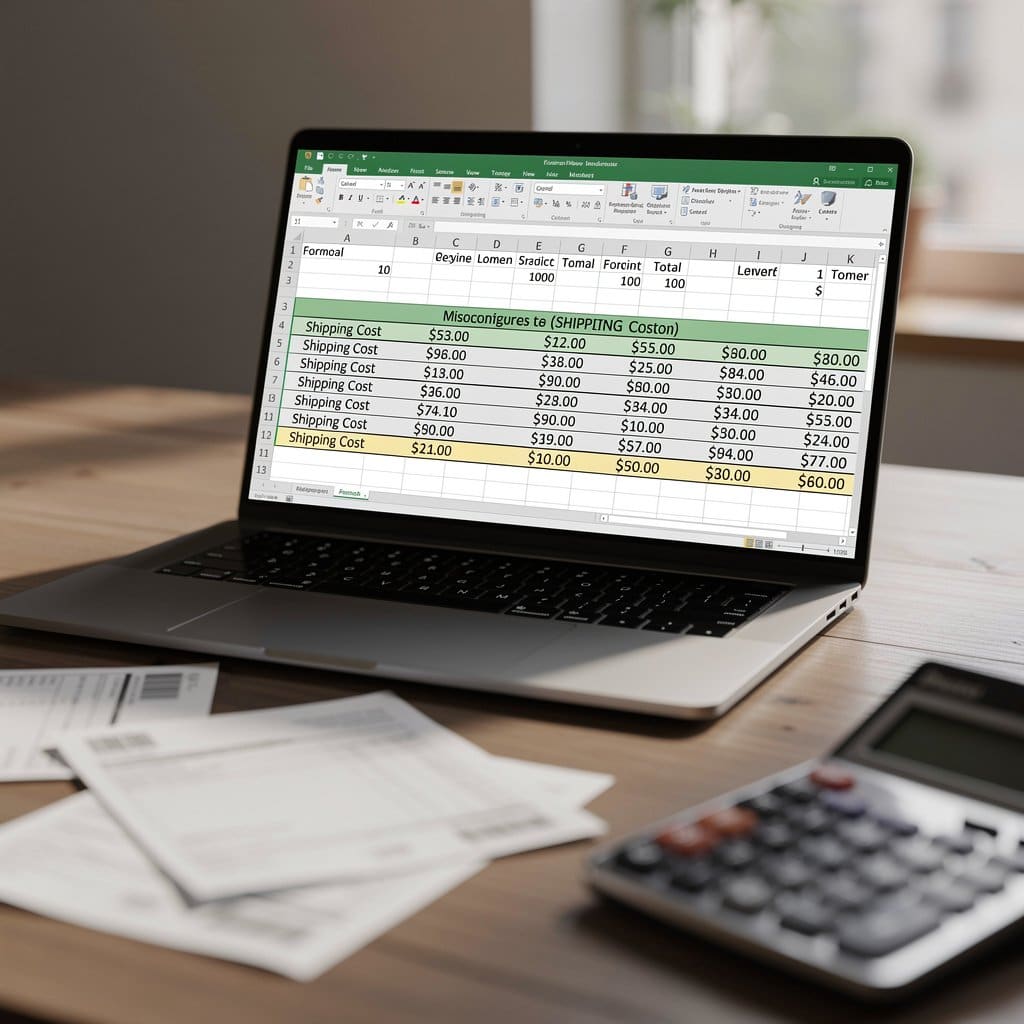 A spreadsheet with incorrect formulas double-counting shipping costs, showing inflated expense totals and understated profits