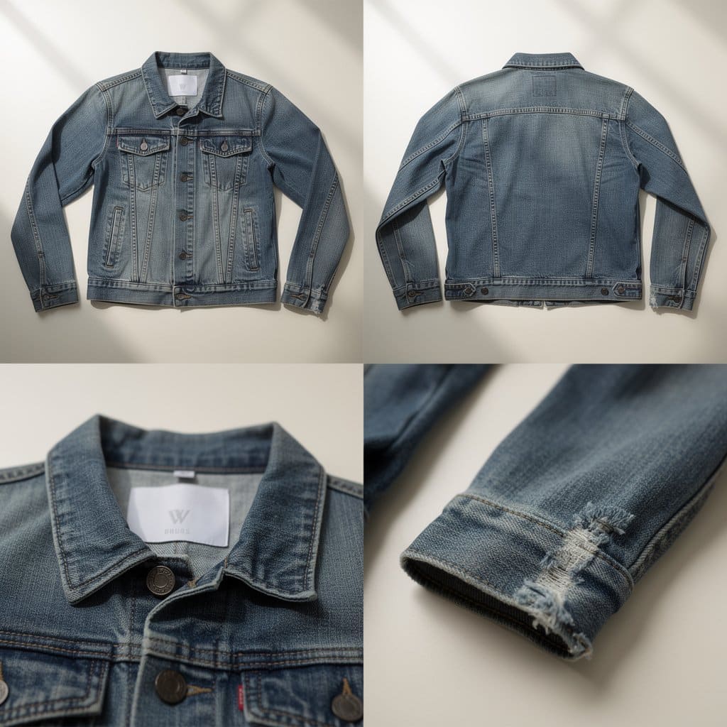 Four photos arranged in a grid showing the minimum viable set: hero shot of a denim jacket, back view, brand label close-up, and a detail shot of slight wear on the cuff