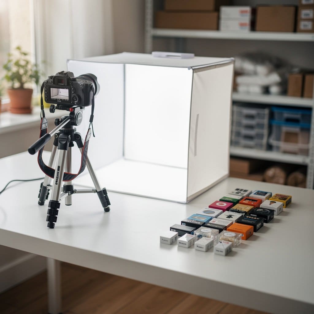 A tidy photo station setup with a light box, camera on tripod, and a batch of items lined up in order, ready for systematic photography