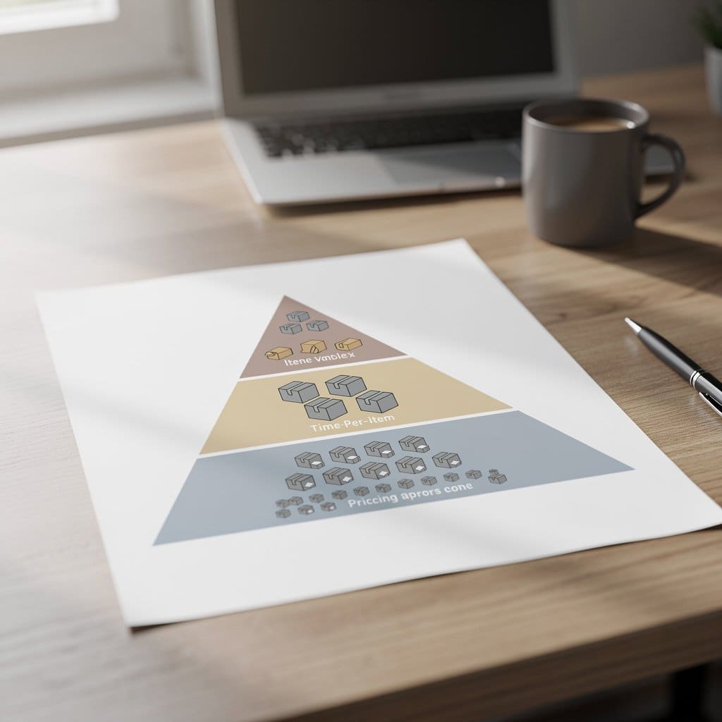 A pyramid diagram showing three pricing tiers with item count, time-per-item, and pricing approach for each level