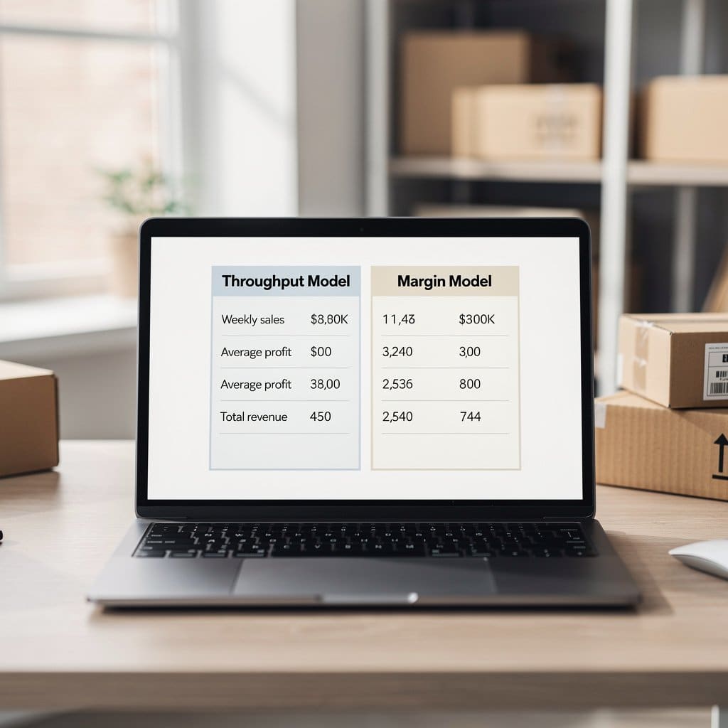 A comparison chart showing two columns labeled 'Throughput Model' and 'Margin Model' with metrics for weekly sales, average profit, and total revenue