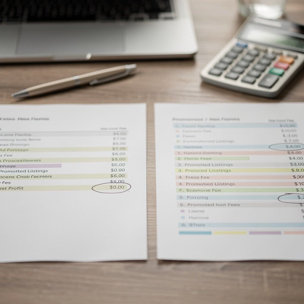 A side-by-side profit breakdown showing the same item sold with and without Promoted Listings, highlighting the margin impact