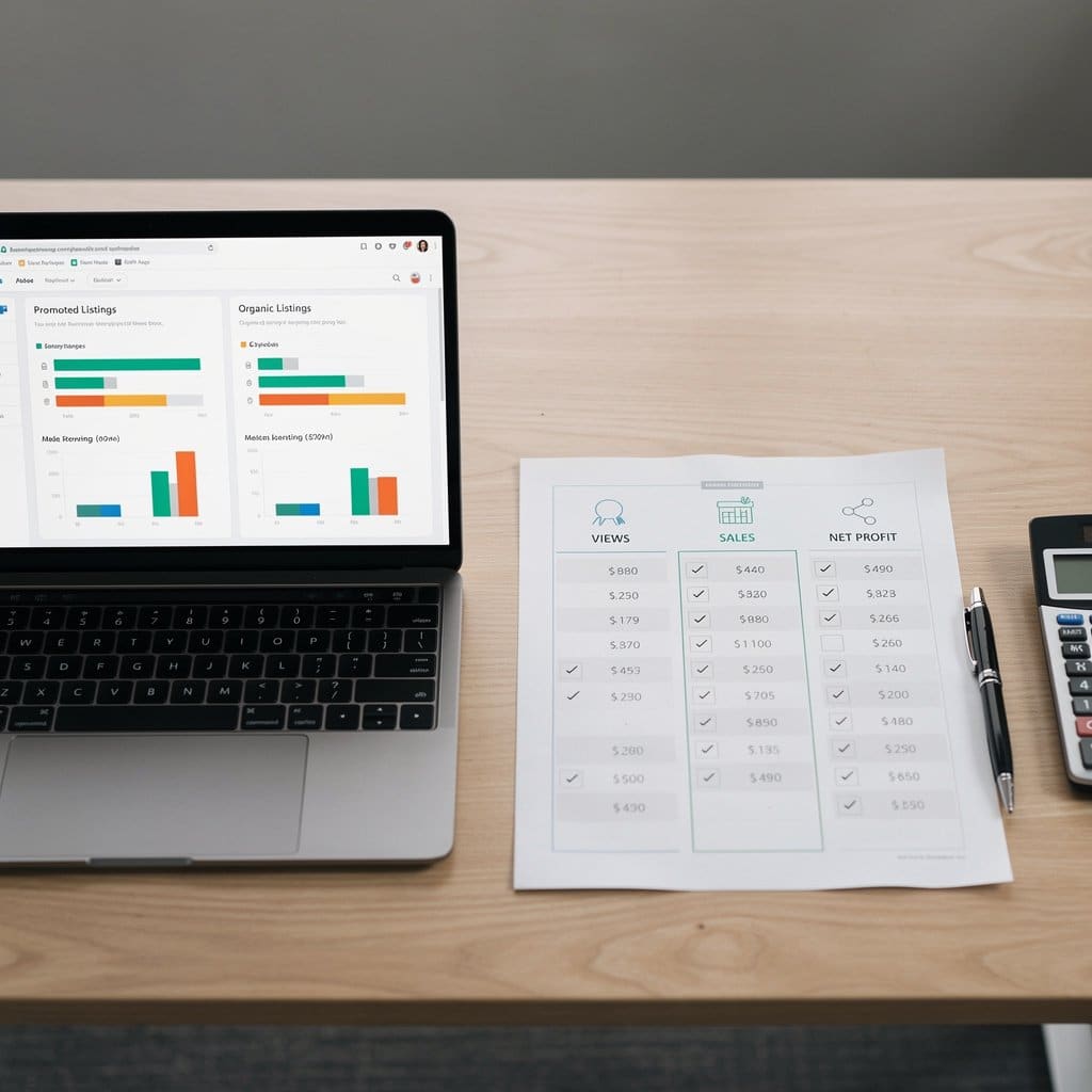 A simple experimental setup showing promoted vs organic listings results in a tracker, with columns for views, sales, and net profit