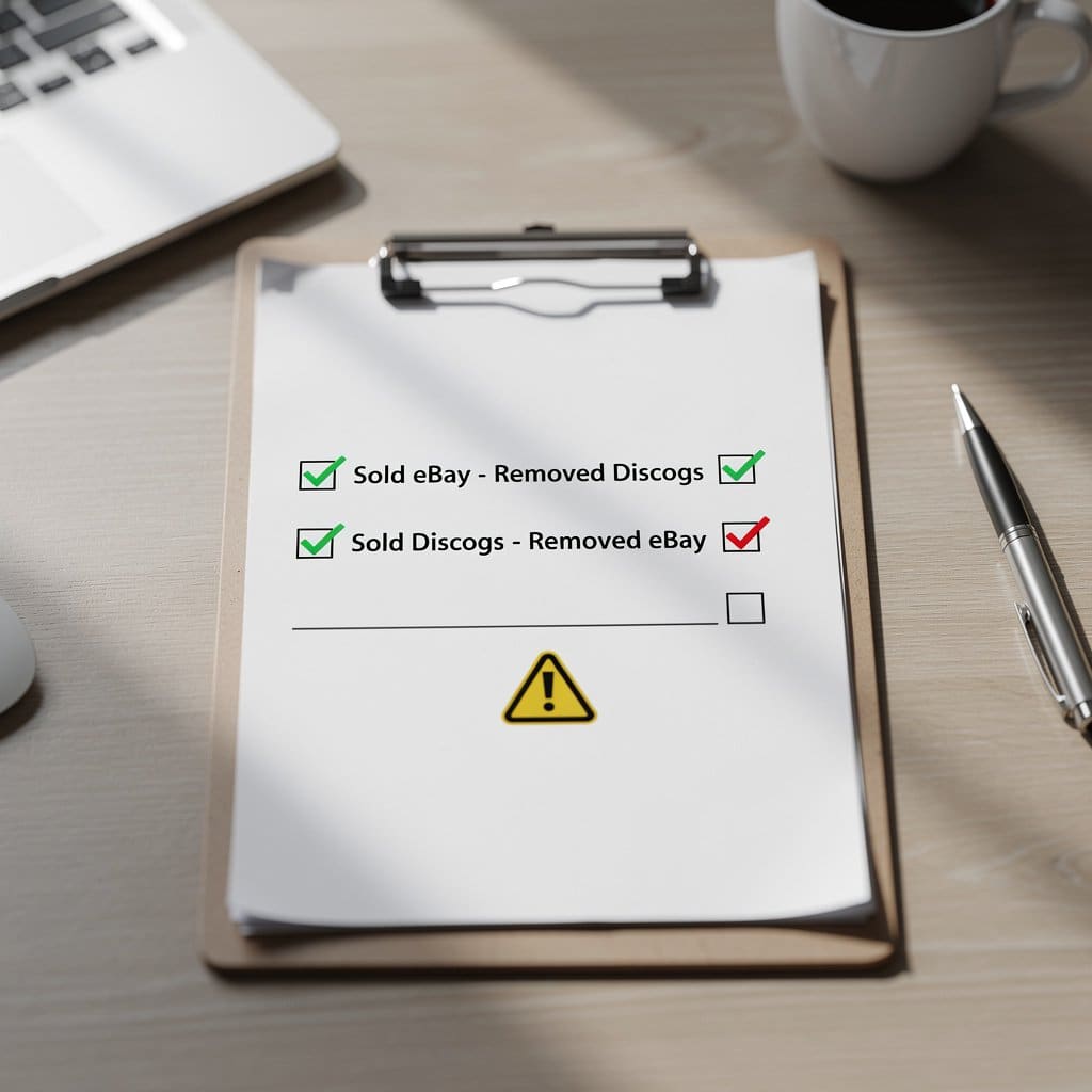 A checklist showing weekend sales with checkmarks for platform removals: "Sold eBay - Removed Discogs ✓", "Sold Discogs - Removed eBay ✓" and one item marked with a warning symbol
