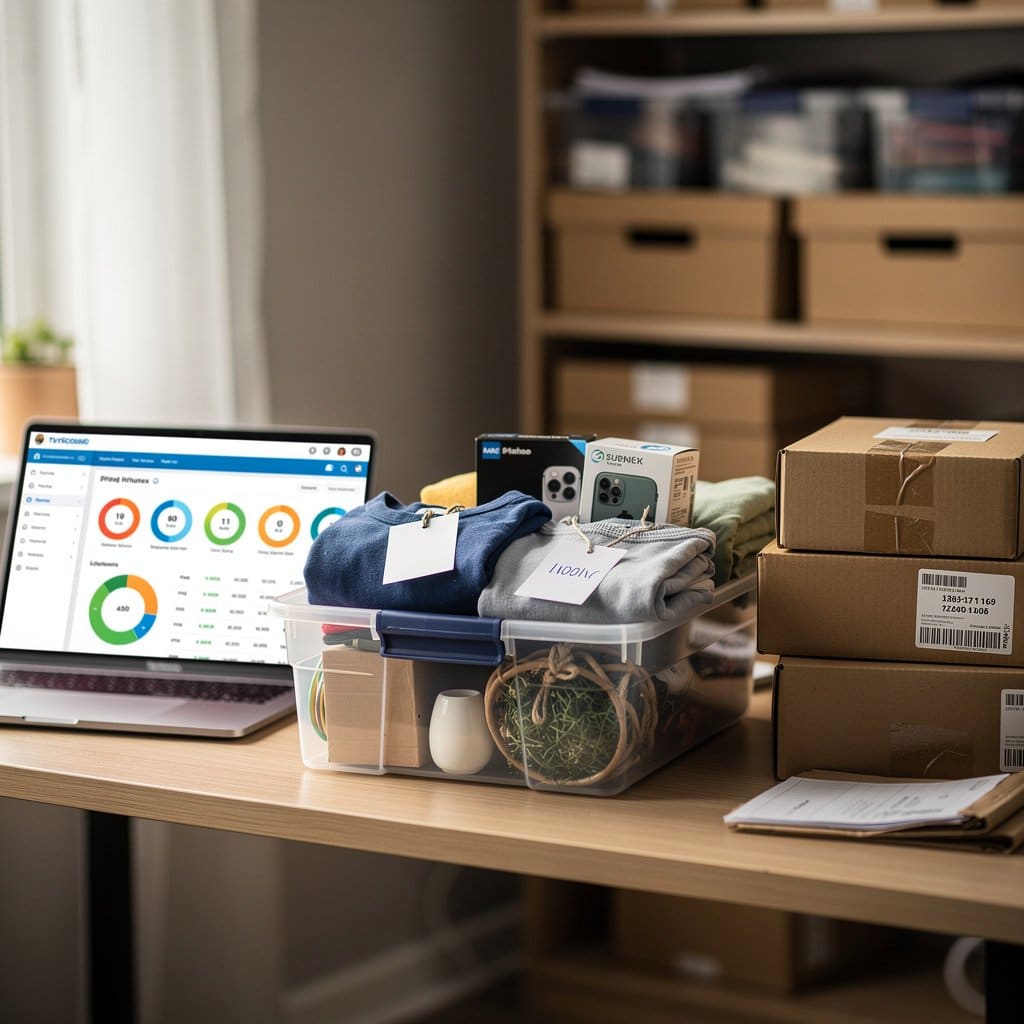 A desk with a laptop showing an inventory dashboard, next to a bin of newly sourced items with price tags, and a stack of packed orders ready to ship