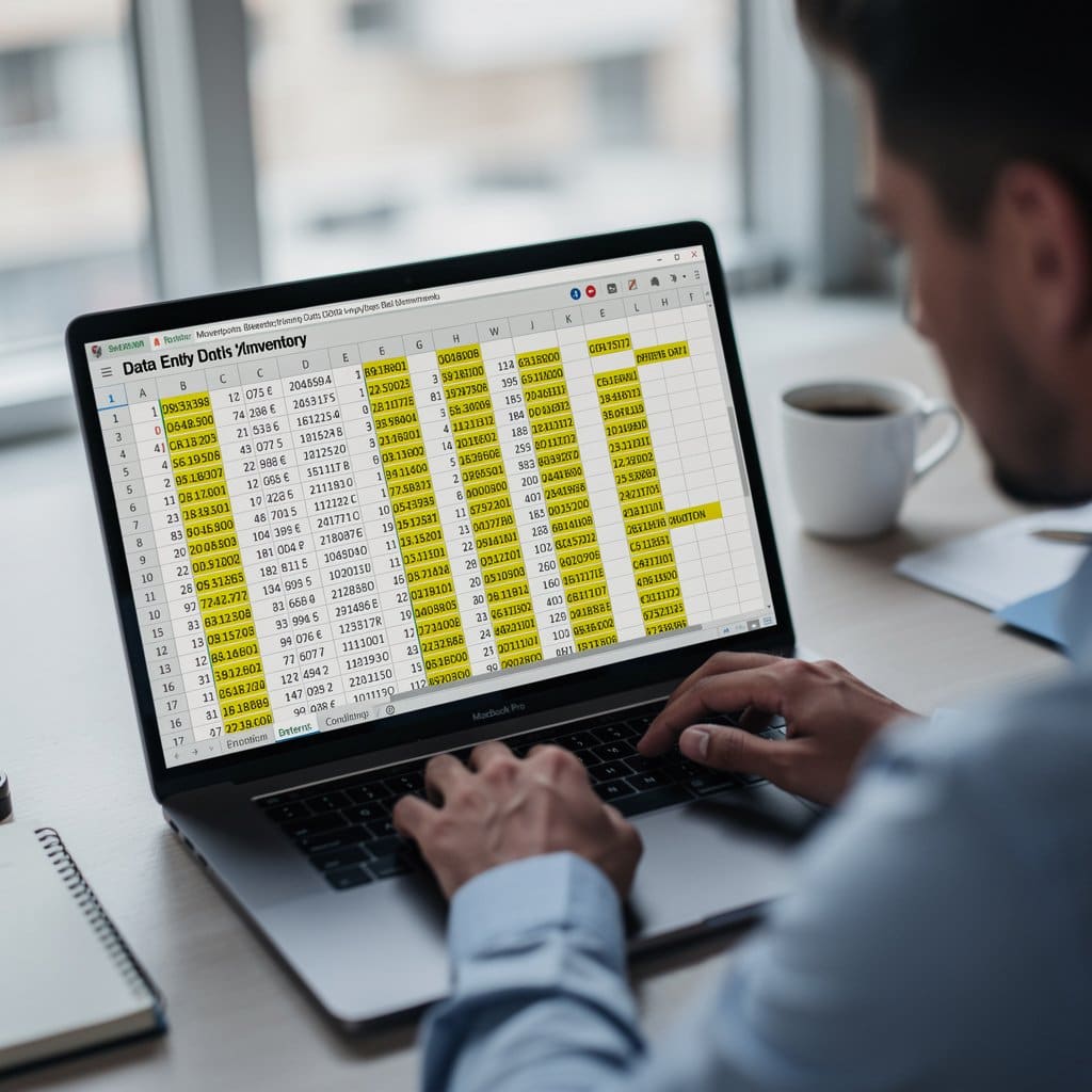 A spreadsheet with dozens of rows, many cells highlighted in yellow showing missing data — purchase dates, condition notes, and platforms left blank