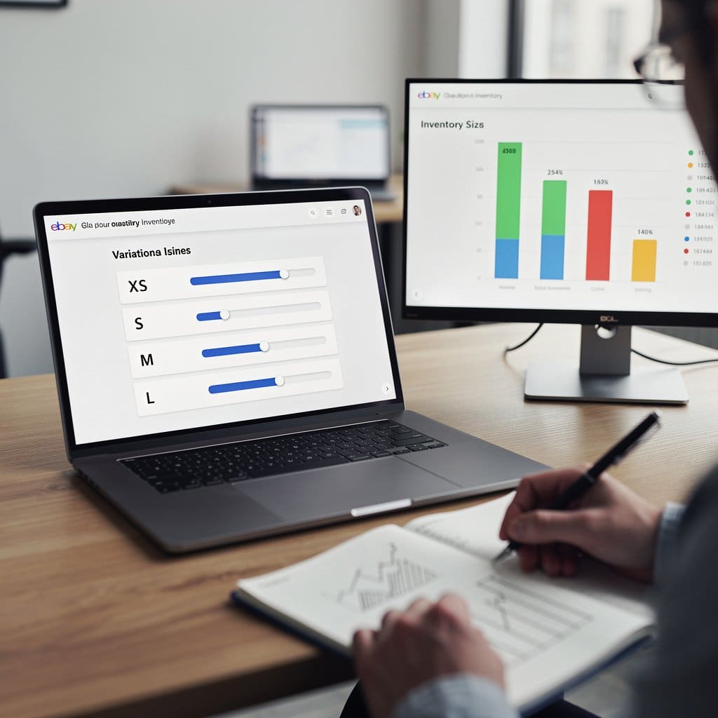 A variation listing showing 5 sizes with different quantities, alongside a cross-platform inventory chart showing mismatched numbers