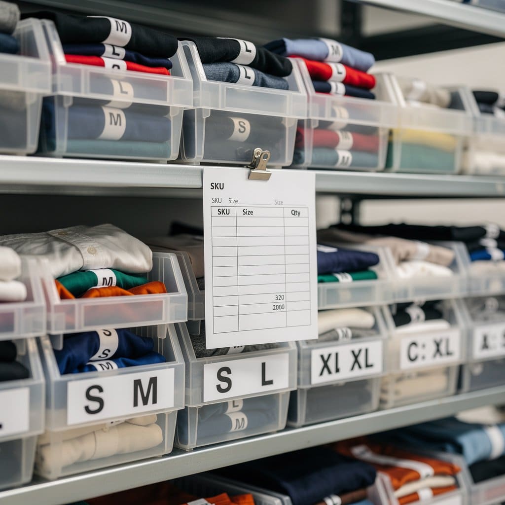 A well-organized storage shelf with bins labeled by variation: size tags visible on each item, with a printed pick sheet attached to the shelf