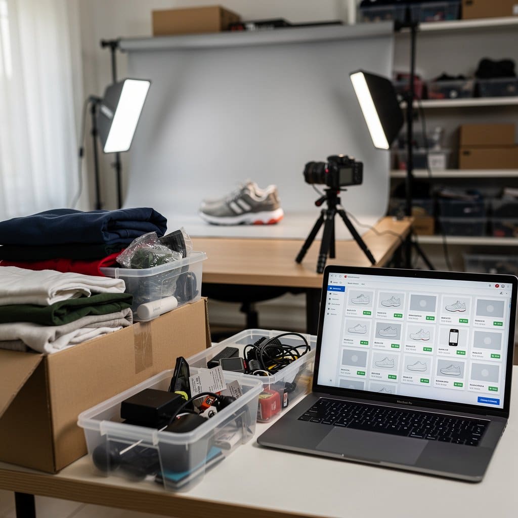 A photo of a workspace showing sourced items in various stages: bins of unprocessed items, a photography station mid-shoot, and a laptop showing a listing backlog