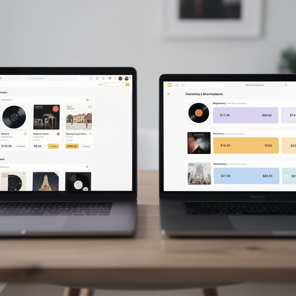 A split screen showing the same item searched on eBay and Discogs, with mismatched prices and quantities highlighted