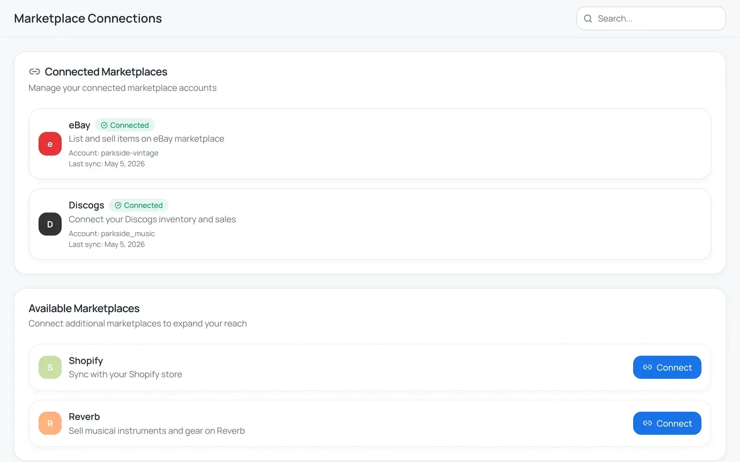 Instica marketplace connections screen showing Discogs and eBay connected, with Shopify available to connect