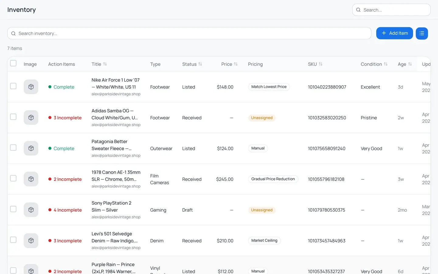 Instica inventory list showing vinyl and other items with condition grades, listing status, and per-item pricing strategy