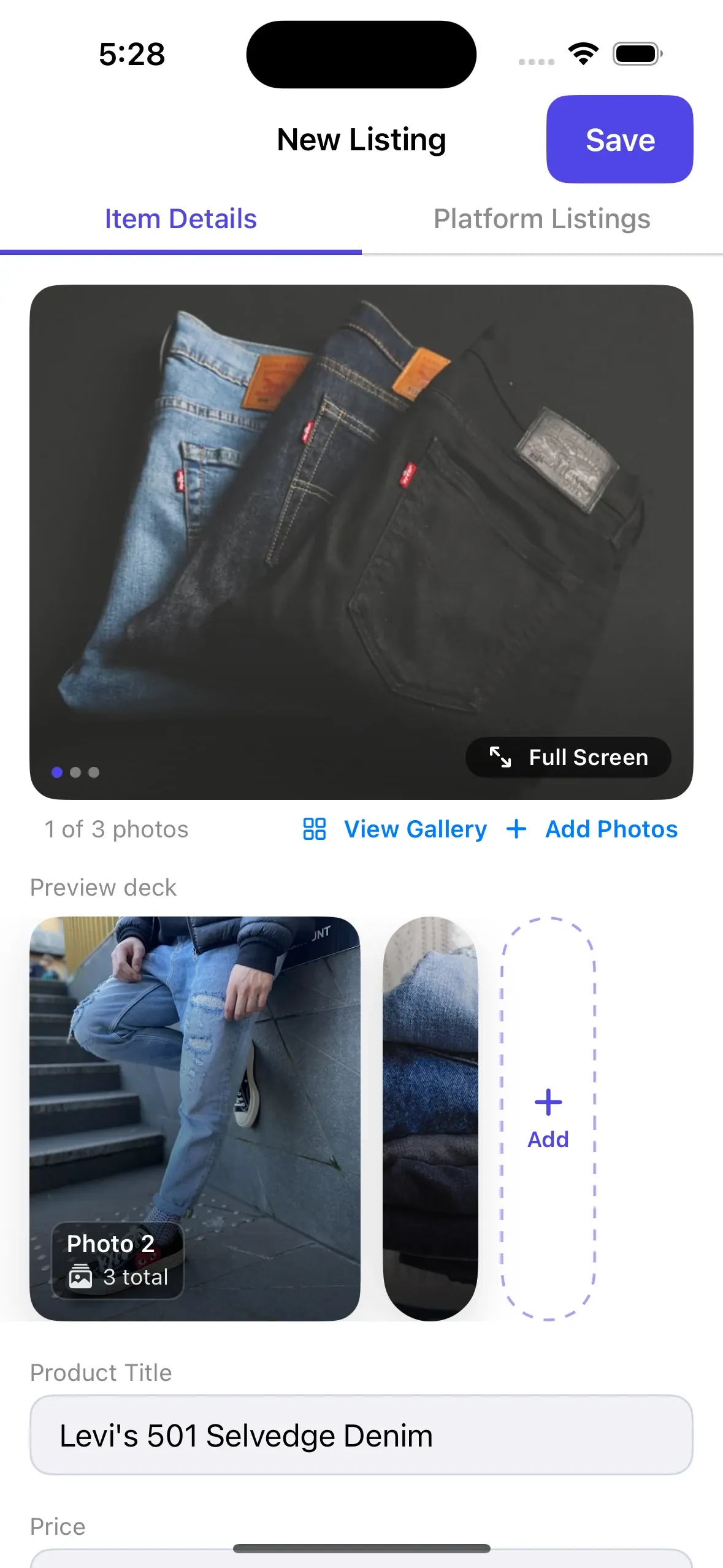 Instica on iPhone — Levi's 501 Selvedge Denim item detail on mobile