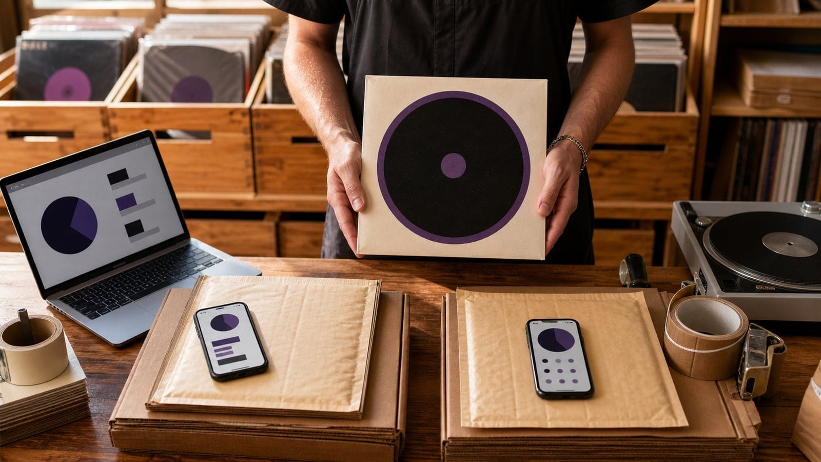 A seller in a record shop packing a vinyl LP into a mailer beside crates of records and a turntable