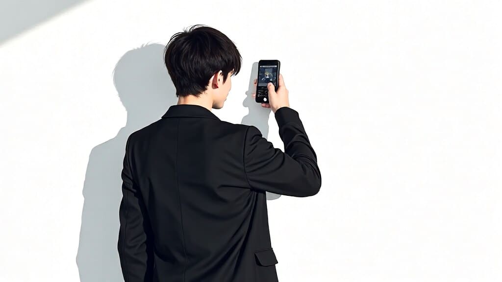 Someone photographing a vintage jacket hanging on a white wall with natural wind