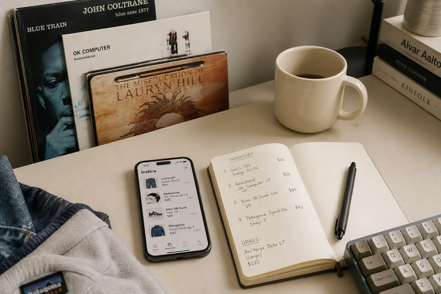 Operator desk setup — vinyl records, handwritten inventory notebook, iPhone Instica app, and a cup of coffee