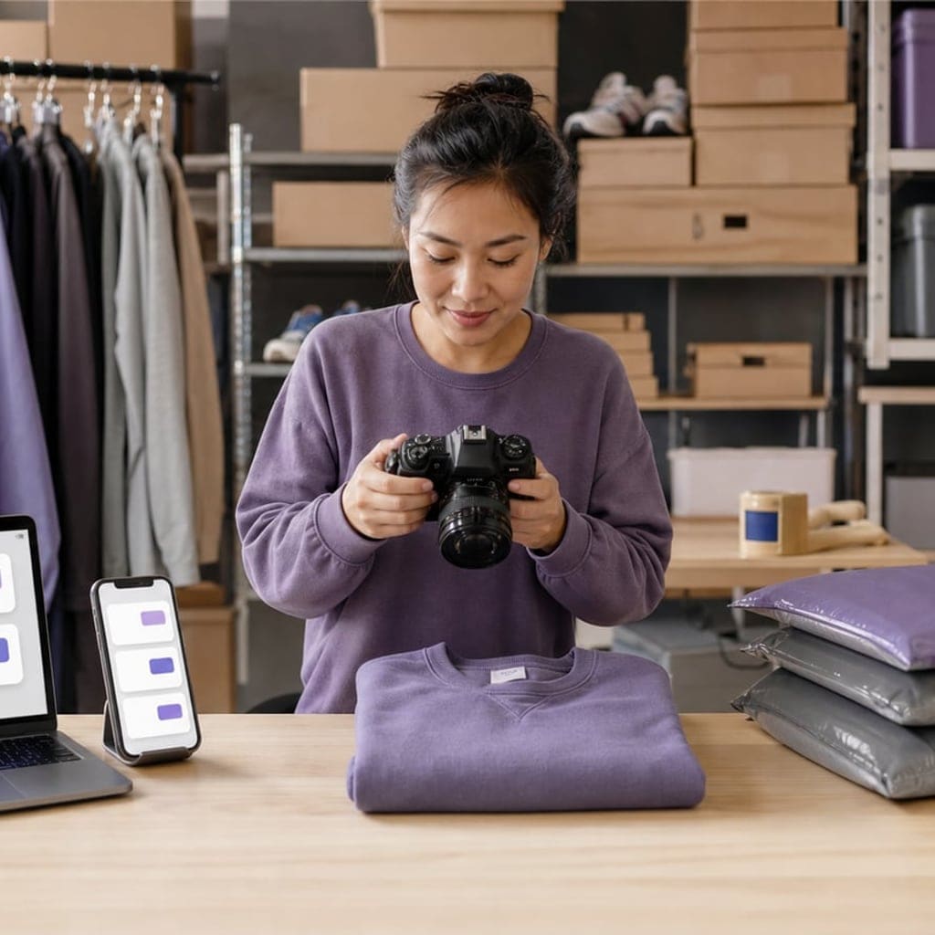 A reseller photographing inventory beside a clean multichannel workspace